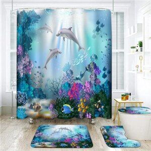 4Pcs Sea Dolphin Coral Bathroom Shower Curtain Set with 12 Hooks Bath Mat Toilet